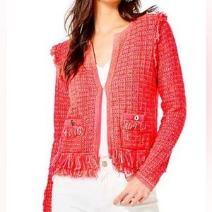 Lilly Pulitzer Simora Fringe Tweed Cardigan 
Spicy Coral Size Medium